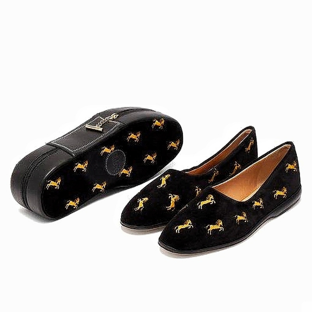 Chloe Skye Embroidered Horses Velvet Ballet Flats